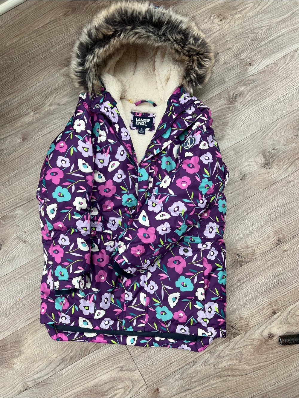 Lands' End Purple Floral Hooded Puffer Coat with Faux Fur Trim